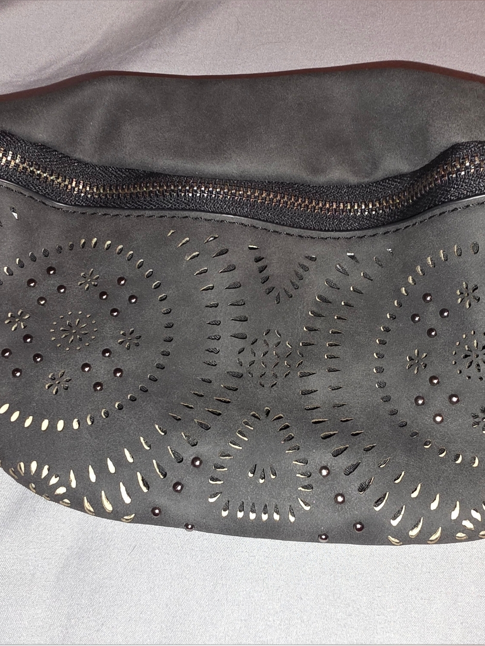 Black Laser-Cut Studded Belt/Cross Body Bag